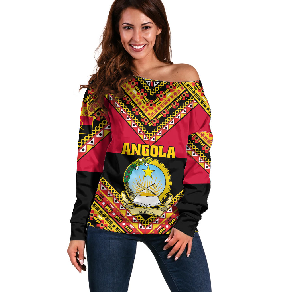 Angola Independence Day Off Shoulder Sweater Coat Of Arms Samakaka Pattern - Wonder Print Shop