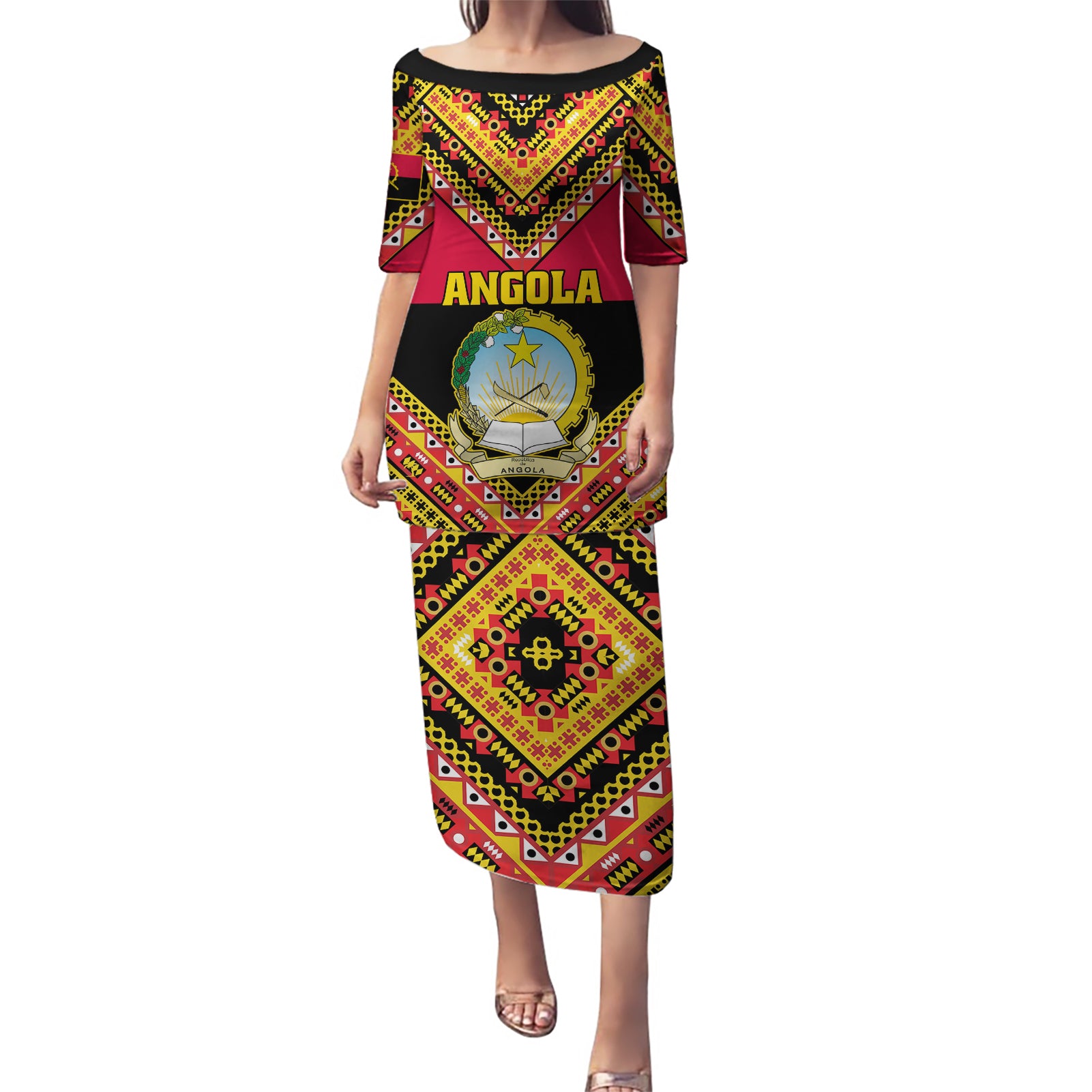 Angola Independence Day Puletasi Coat Of Arms Samakaka Pattern - Wonder Print Shop