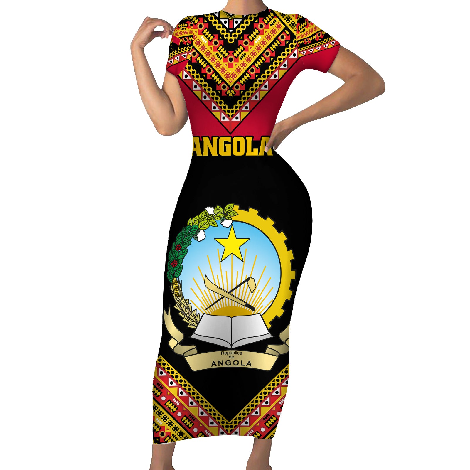 Angola Independence Day Short Sleeve Bodycon Dress Coat Of Arms Samakaka Pattern - Wonder Print Shop