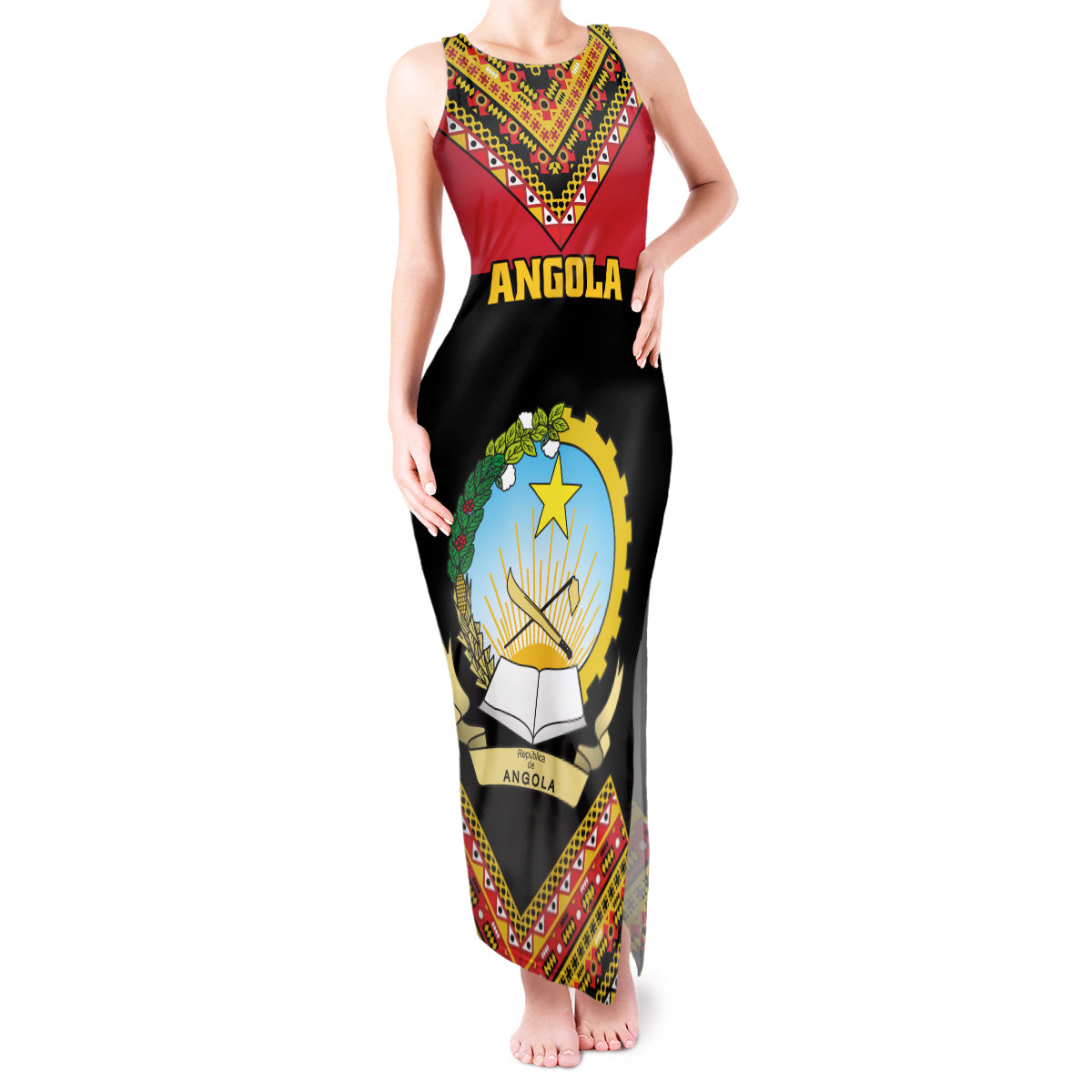 Angola Independence Day Tank Maxi Dress Coat Of Arms Samakaka Pattern - Wonder Print Shop