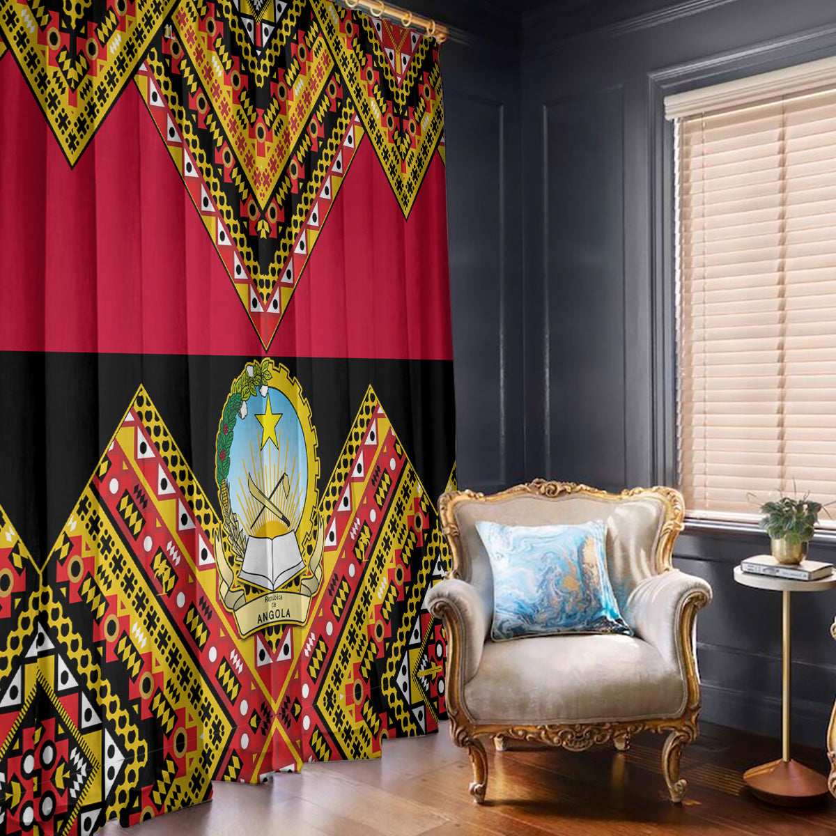 Angola Independence Day Window Curtain Coat Of Arms Samakaka Pattern - Wonder Print Shop