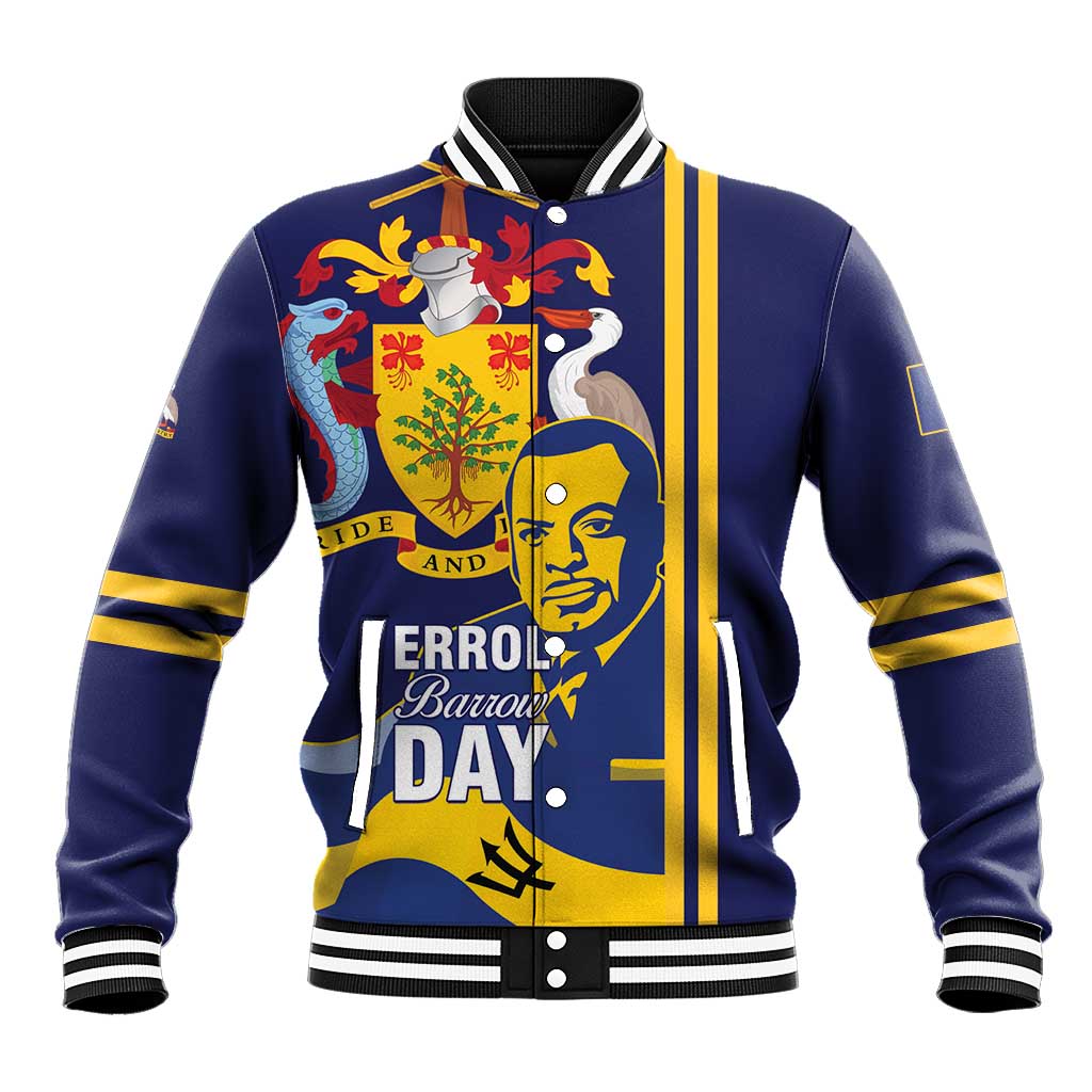 Blue baseball jacket with ribbed collar, button front, striped cuffs, colorful shield graphic