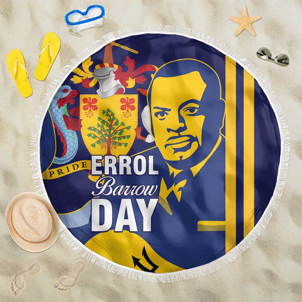 Blue round beach blanket with tassel fringe, Errol Barrow Day portrait and stripes