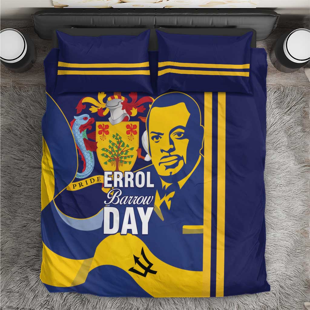 Blue bedding set with gold stripes and “Errol Barrow Day” portrait graphic on duvet
