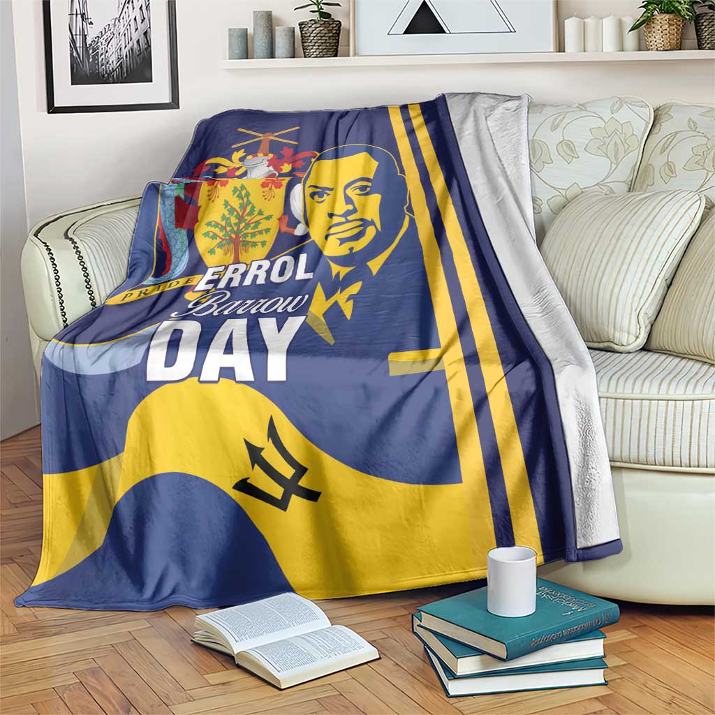 Blue and yellow Errol Barrow Day blanket with portrait, emblem, and striped design