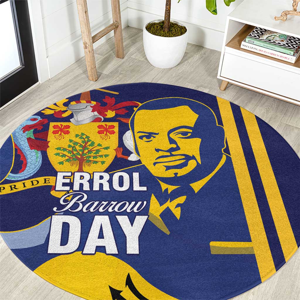 Round blue printed carpet with portrait medallion and striped flag pattern, yellow