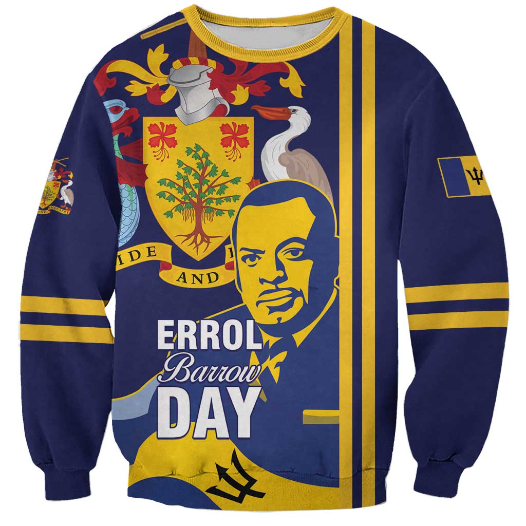 Unisex blue crewneck sweatshirt with yellow ribbed collar and large Errol Barrow Day print