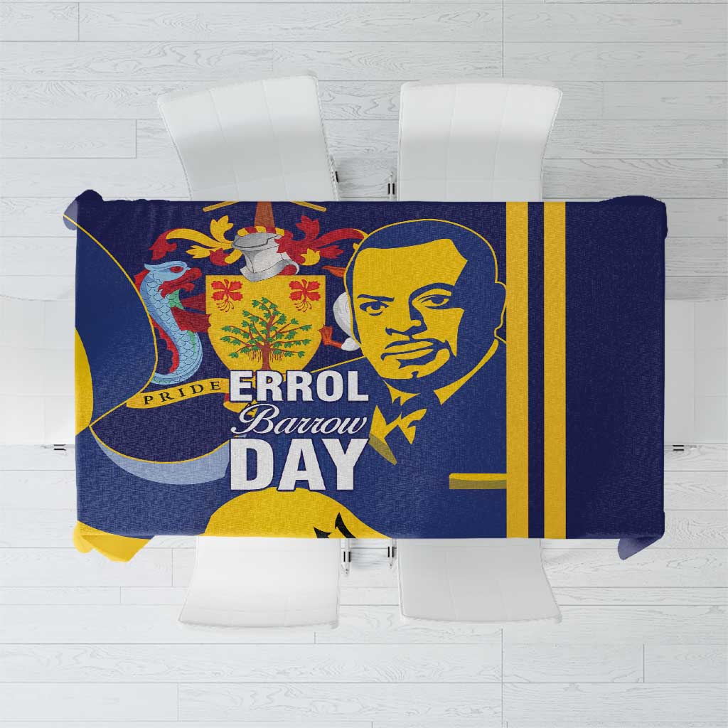 Blue tablecloth with Errol Barrow Day graphic portrait and flag-style design, folded view