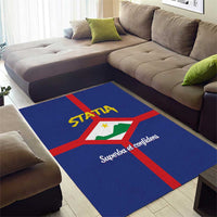 Blue area rug with red cross bands and coat of arms, STATIA and slogan