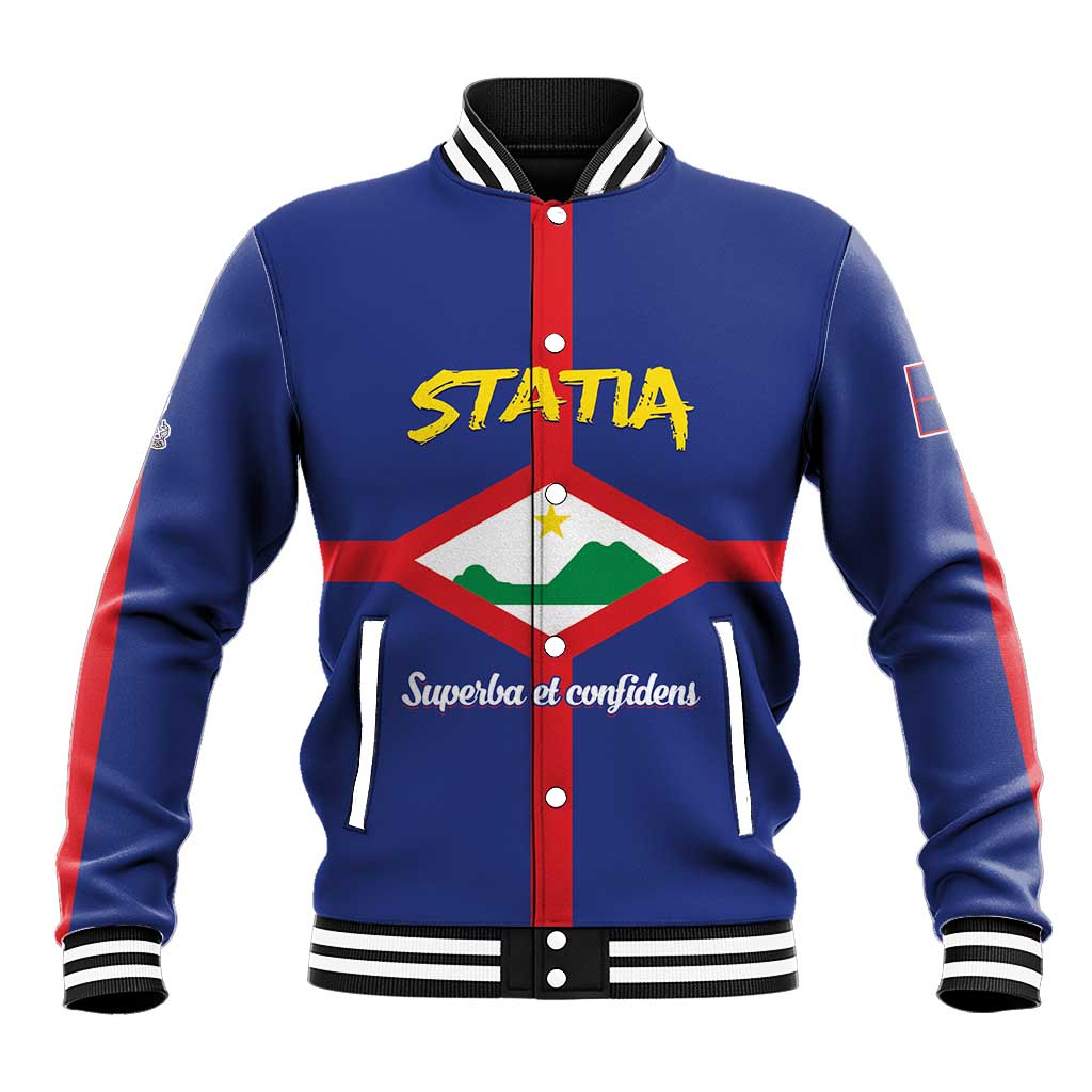 Blue varsity baseball jacket with striped collar, red diagonal panel, front zipper, STATA emblem