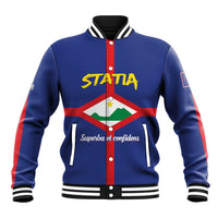 Blue varsity baseball jacket with striped collar, red diagonal panel, front zipper, STATA emblem