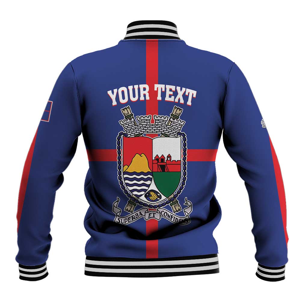 Blue varsity jacket, striped ribbed collar and cuffs, back coat of arms with YOUR TEXT