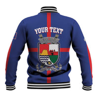 Blue varsity jacket, striped ribbed collar and cuffs, back coat of arms with YOUR TEXT