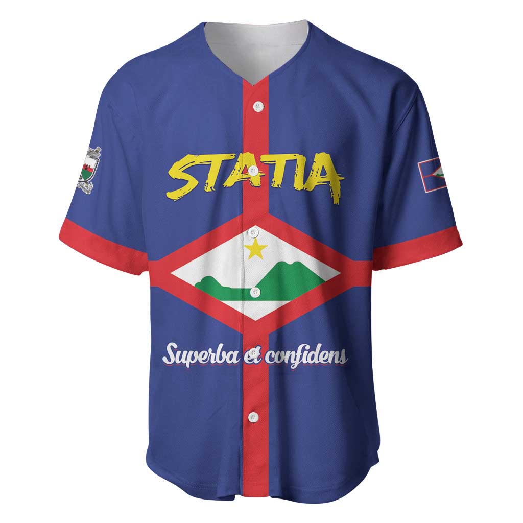 Blue baseball jersey with red buttons, blue-and-red stripe, STATIA graphic on front