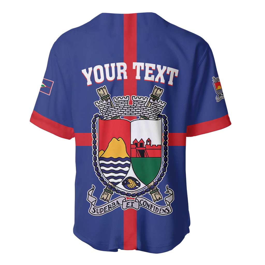 Blue baseball jersey with red stripe, YOUR TEXT on back, coat of arms crest graphic