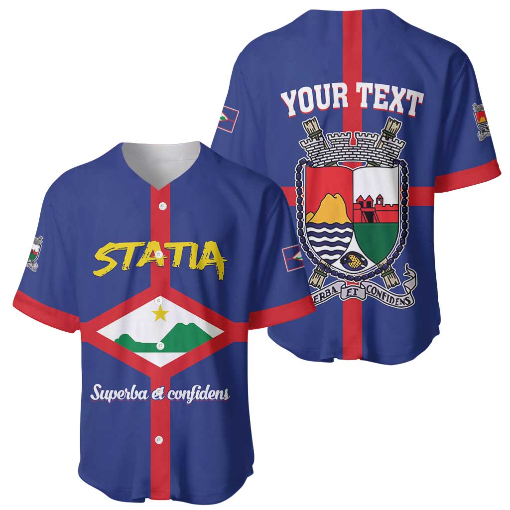 Blue baseball jersey set: front shows STATIA print; back shows YOUR TEXT crest