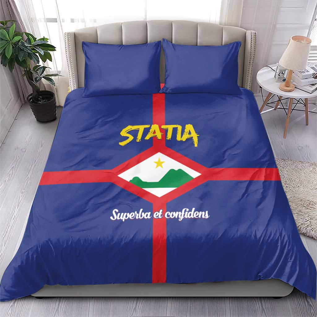 Blue bedding set, STATIA and motto on duvet with two matching blue pillows