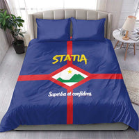 Blue bedding set, STATIA and motto on duvet with two matching blue pillows