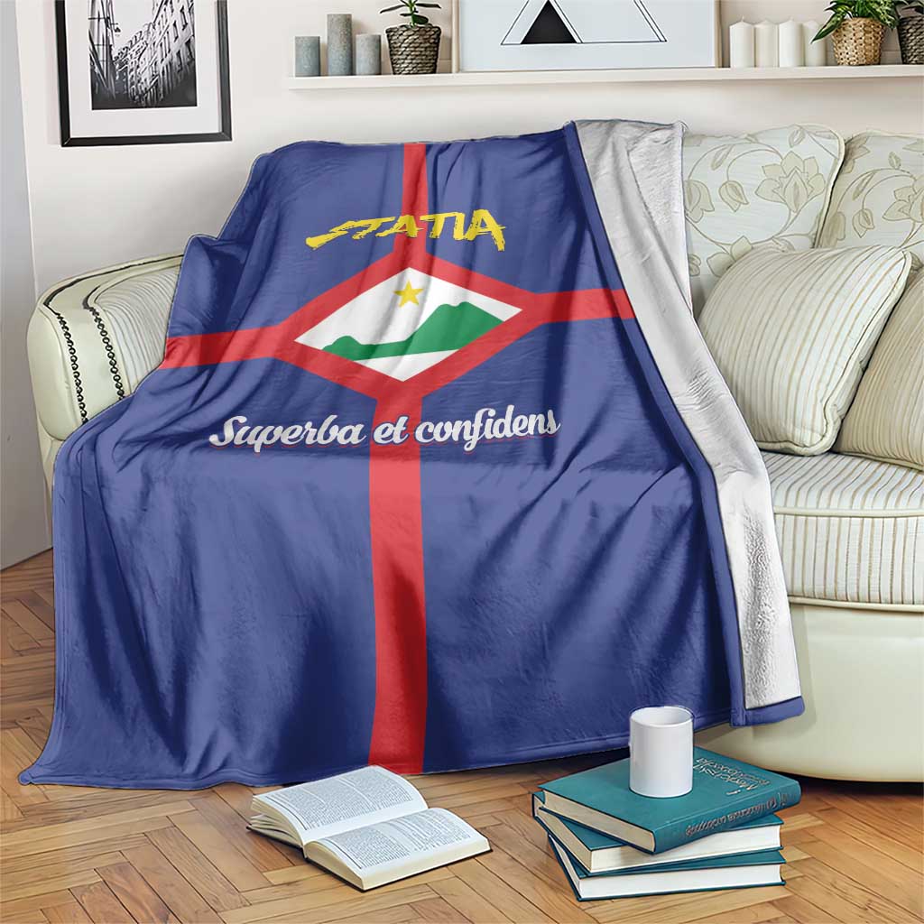 Blue Sint Eustatius coat of arms blanket with red cross and "STATIA" text