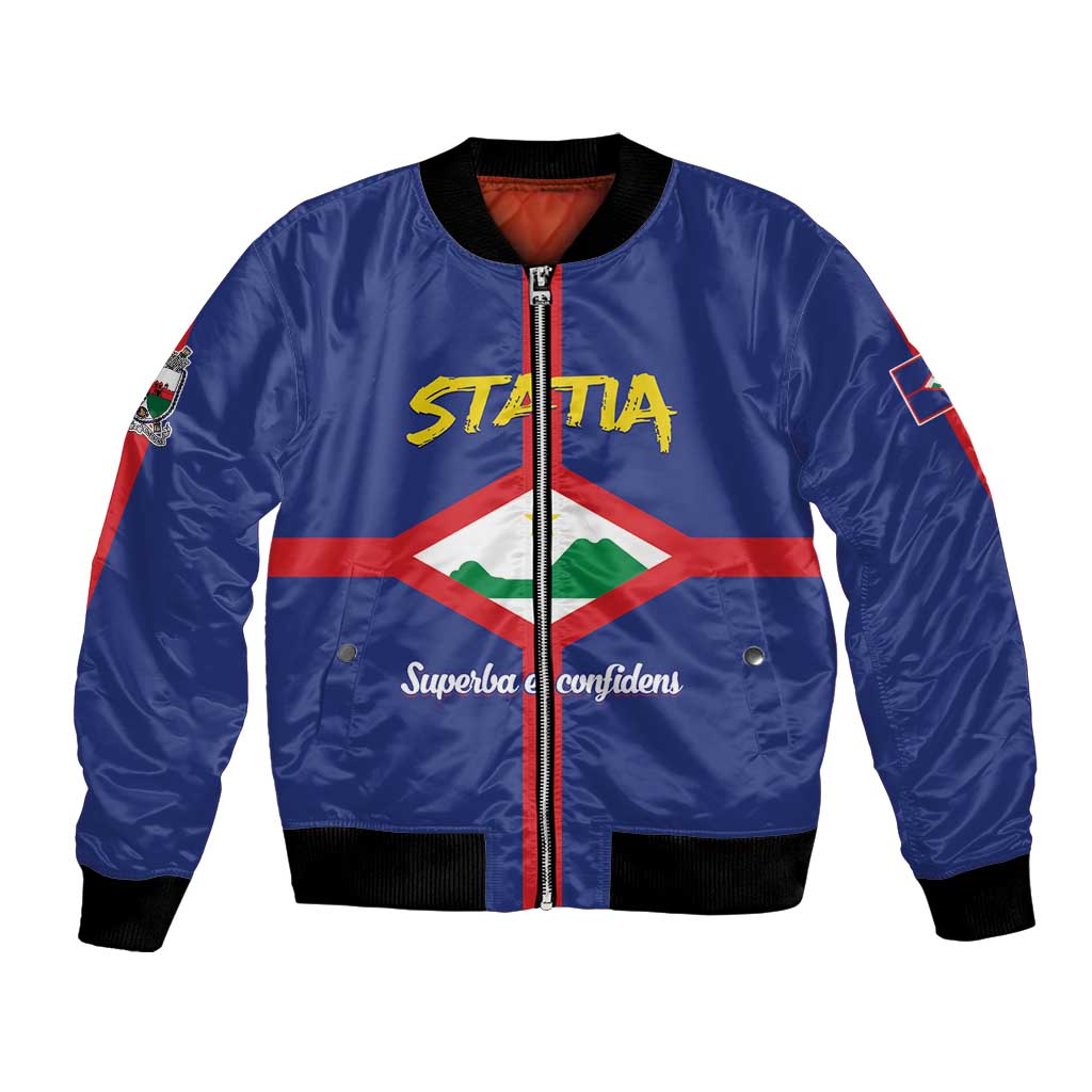 Blue bomber jacket with front zipper, ribbed cuffs, and Statia crest graphic on chest