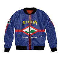 Blue bomber jacket with front zipper, ribbed cuffs, and Statia crest graphic on chest
