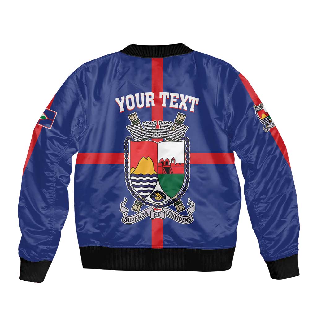 Blue bomber jacket back view with coat-of-arms crest and YOUR TEXT center