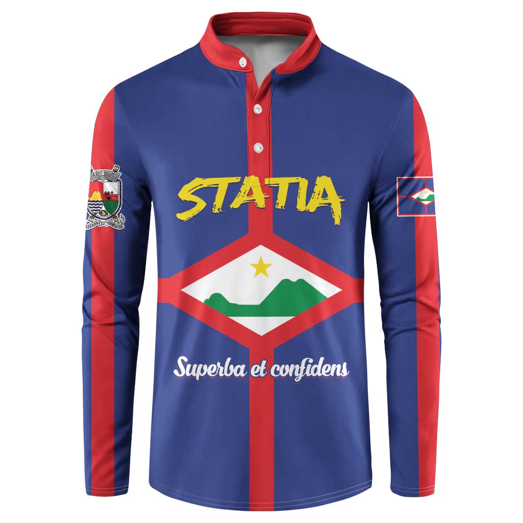 Blue button-front sweatshirt with red collar, vertical red stripes, front crest graphic
