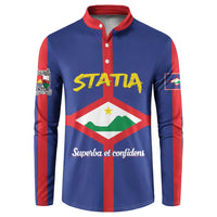 Blue button-front sweatshirt with red collar, vertical red stripes, front crest graphic