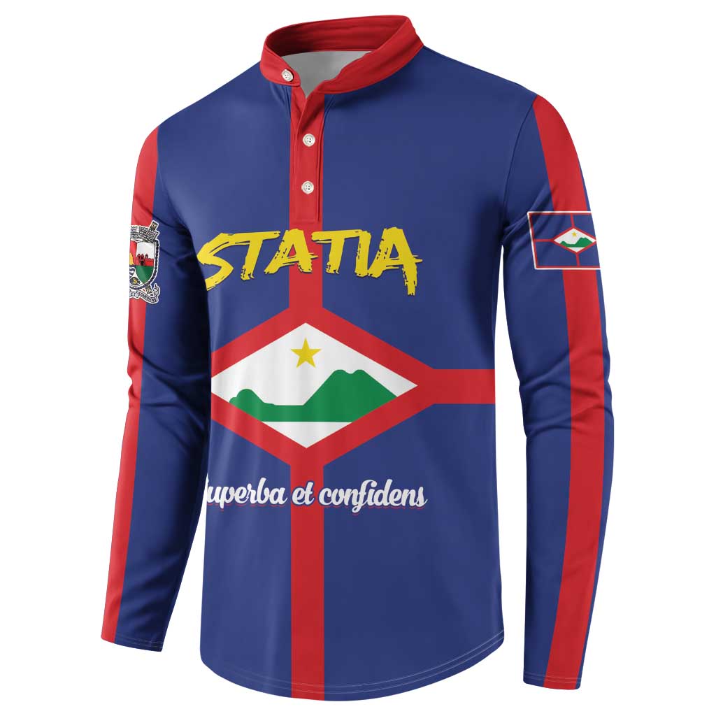Blue button-front sweatshirt with red collar, STATA text and crest emblem on front