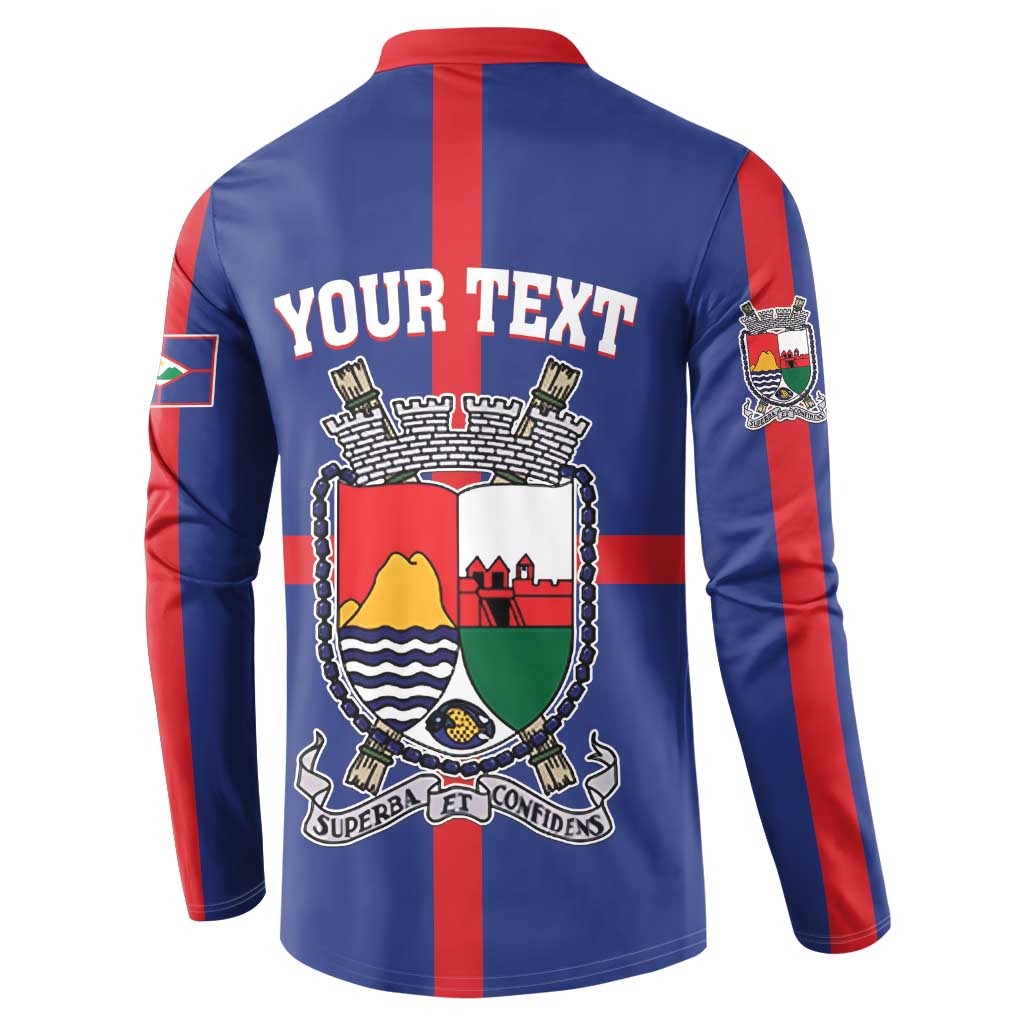 Blue button-front sweatshirt, back YOUR TEXT over large coat-of-arms shield emblem