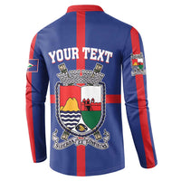 Blue button-front sweatshirt, back YOUR TEXT over large coat-of-arms shield emblem
