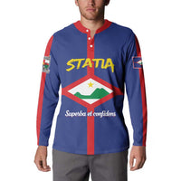 Blue button-front sweatshirt with red collar, STATA text and coat-of-arms print