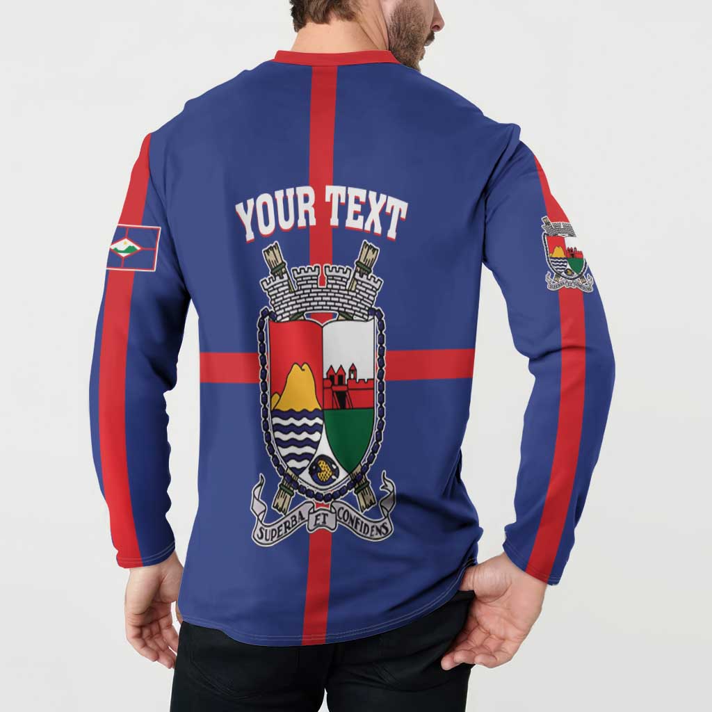 Blue button-front sweatshirt with red stripes, back YOUR TEXT and shield coat-of-arms