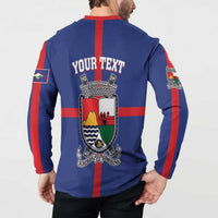 Blue button-front sweatshirt with red stripes, back YOUR TEXT and shield coat-of-arms
