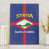 Blue canvas wall art featuring Statia crest and red cross on diamond center