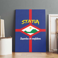 Blue canvas wall art with Statia coat of arms shield centered under red cross