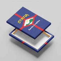 Blue canvas wall art close-up angle showing Statia crest shield with red cross