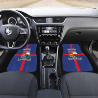 Blue front car mats with red stripe and coat of arms emblem, “YOUR TEXT” at top