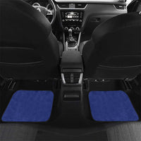 Blue rear car floor mats with red stripe, matching stitched edges and coat of arms
