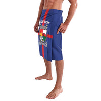 Blue personalized coat of arms print shorts, front angled view