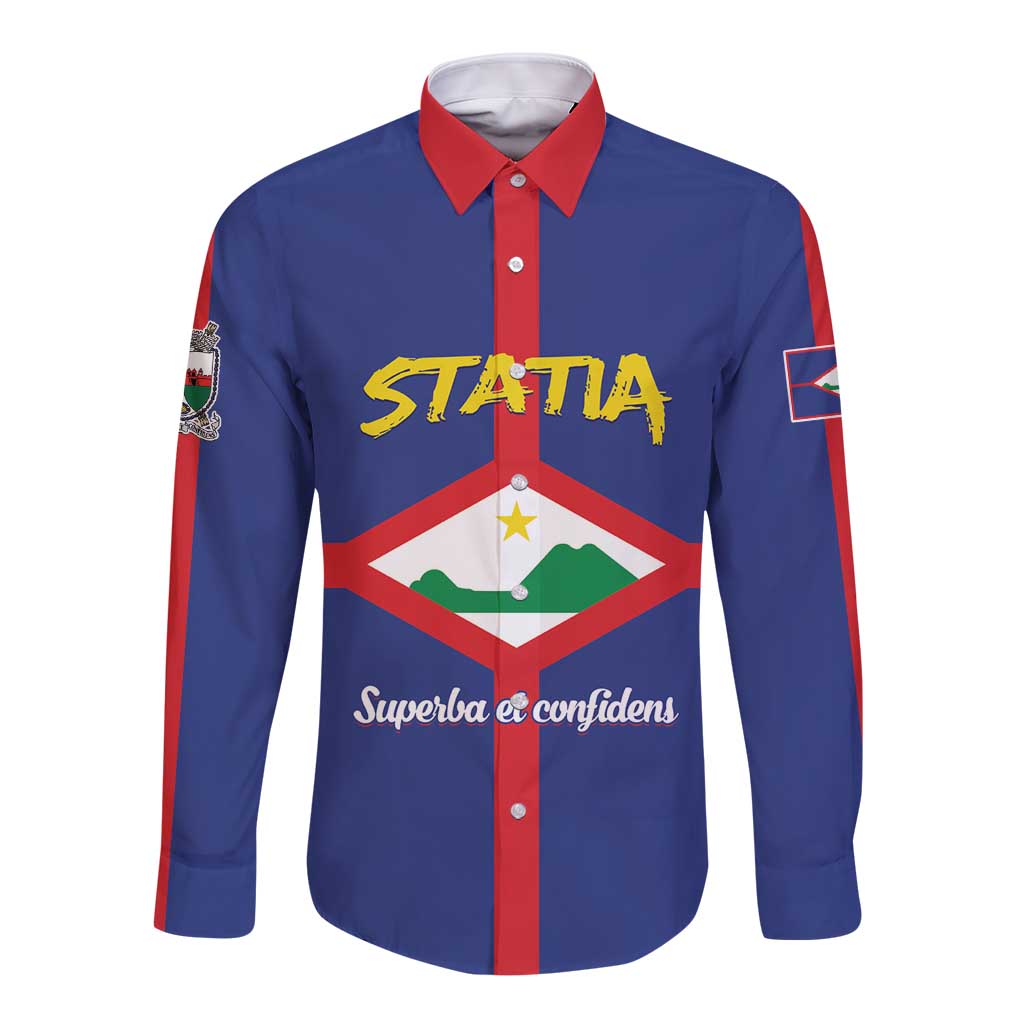 Blue long-sleeve button shirt with red collar and front crest graphic