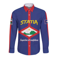 Blue long-sleeve button shirt with red collar and front crest graphic