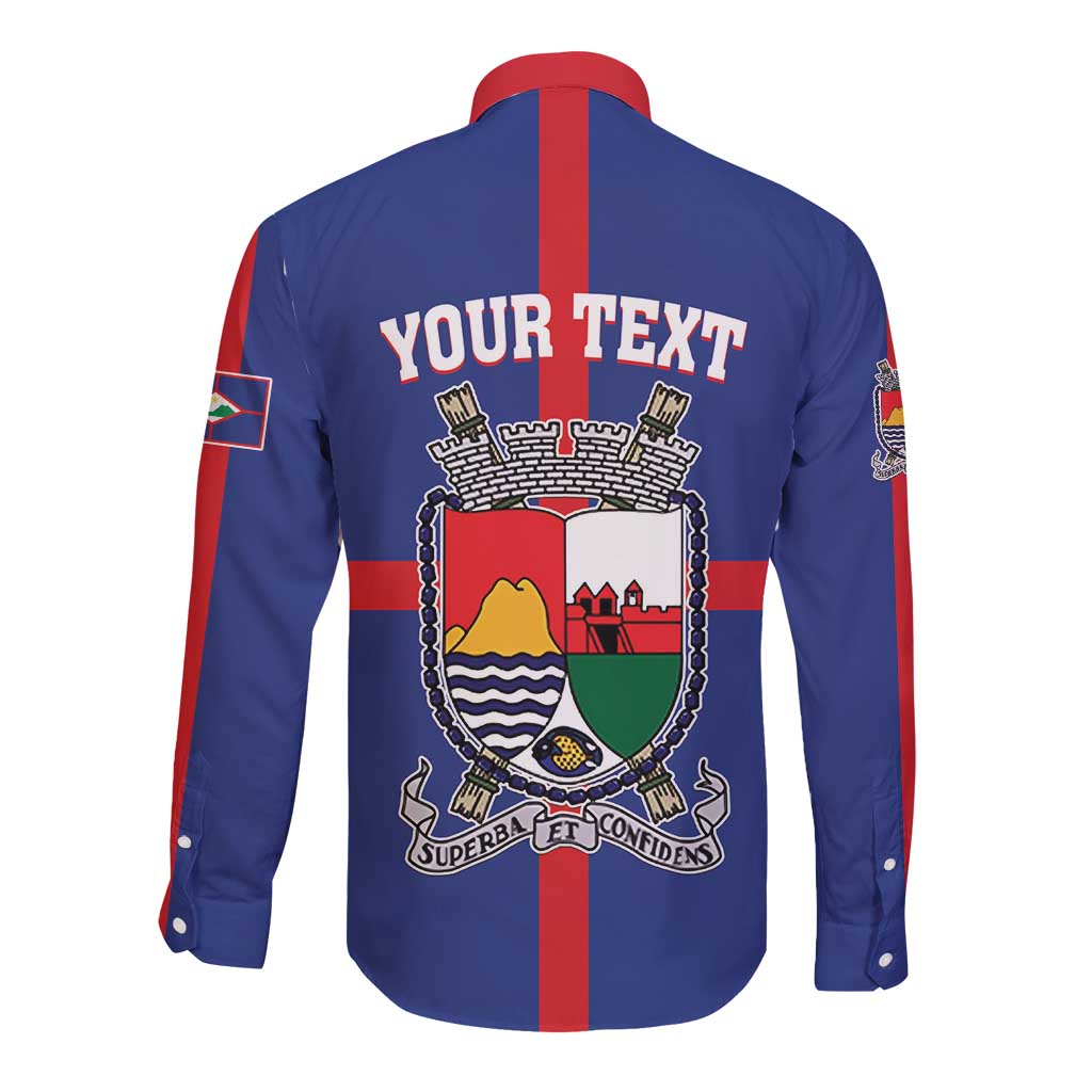 Blue long-sleeve button shirt with back crest and 'YOUR TEXT' print