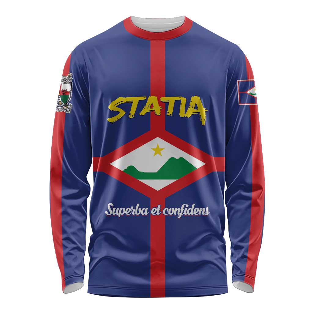 Unisex long-sleeve shirt, blue with red stripes and Statia crest front graphic