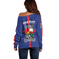 Blue off-shoulder sweater with red stripe and YOUR TEXT crest on back