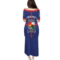 Blue long dress with red trim, short sleeves, back crest and YOUR TEXT graphic