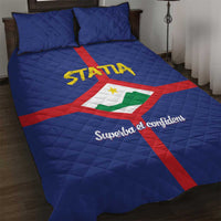 Blue quilt bed set with two pillowcases, STATIA logo and Superba et confidens text on quilt