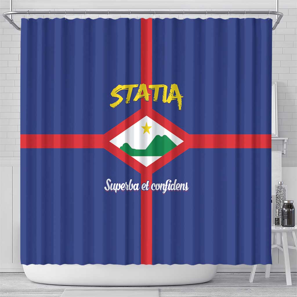 Blue shower curtain featuring Statia coat of arms and red vertical center stripe