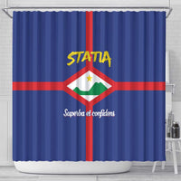 Blue shower curtain featuring Statia coat of arms and red vertical center stripe