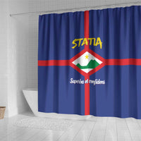 Blue shower curtain with Statia coat of arms emblem and red vertical stripe